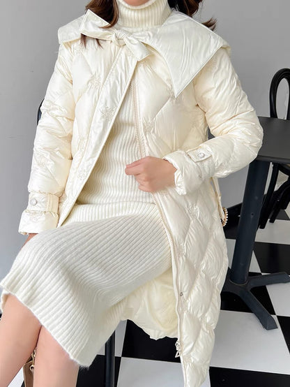 Nori gentle style French retro ladylike heavy-duty beaded embroidery snowflake bow slim fit down jacket
