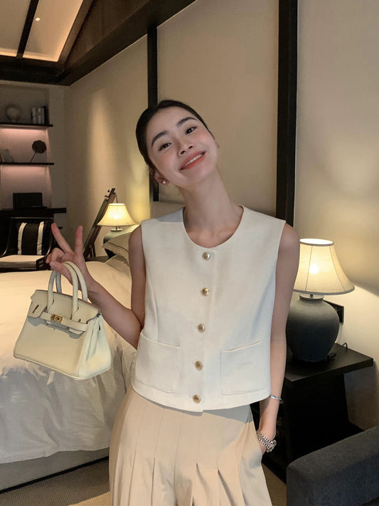 pusumede short small style vest vest women's summer French high-end vest sleeveless waistcoat top