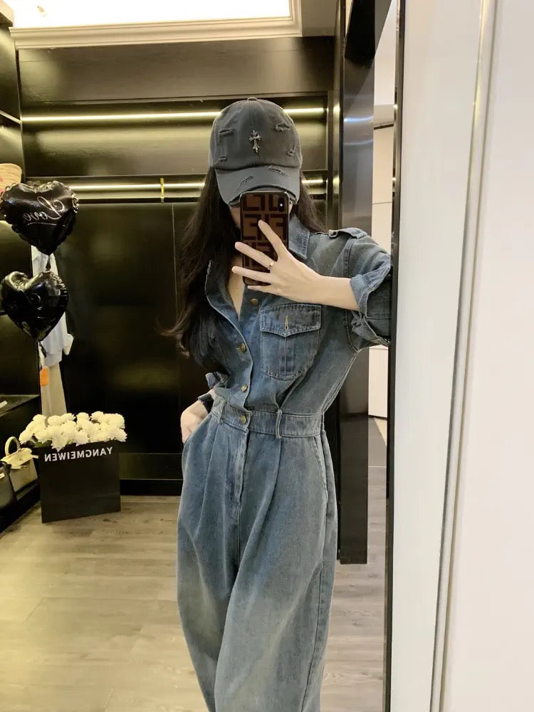 Workwear denim jumpsuit women's spring and autumn new style high-end wide-leg pants niche design one-piece jumpsuit (S0959)