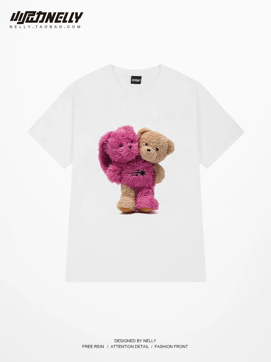 Cartoon bear short-sleeved T-shirt for men and women in summer youth fashion brand loose couple T-shirt versatile trendy half-sleeved top