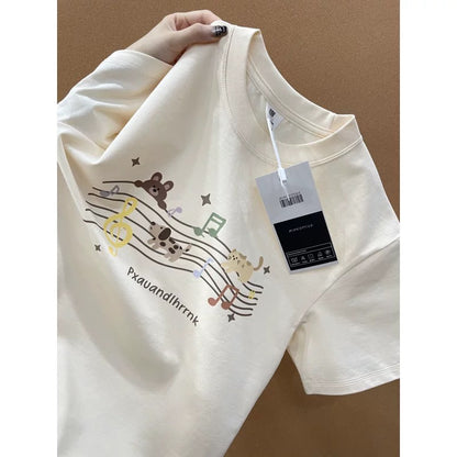 American style ins three bears printed cotton short-sleeved T-shirt men and women summer heavyweight all-match loose couple tops