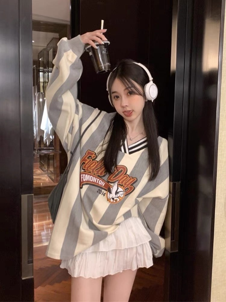 American retro letter printing V-neck long-sleeved T-shirt women's autumn loose and thin mid-length striped casual top trend