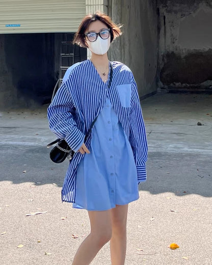2023 new blue V-neck striped long-sleeved shirt dress summer loose niche casual fake two-piece dress for women