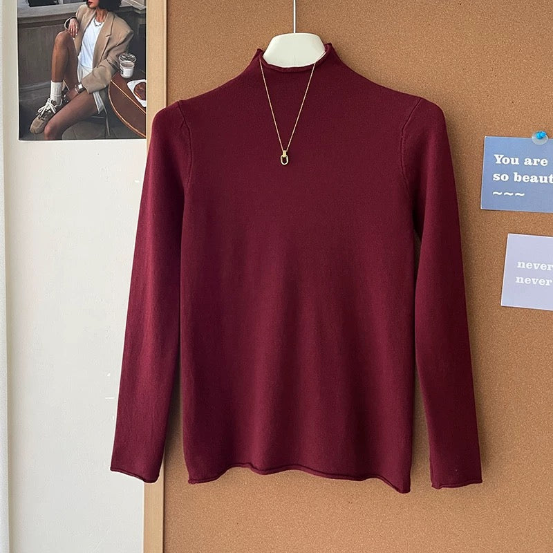 Retro soft and sticky cashmere rolled-edge turtleneck knit sweater for women, autumn and winter, gentle and versatile layering base layer top.