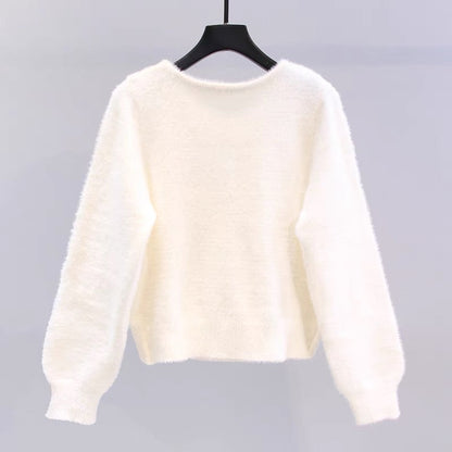 Small fresh three-dimensional small flower mink velvet sweater for women autumn and winter 2023 new Japanese design short knitted top (S3332)