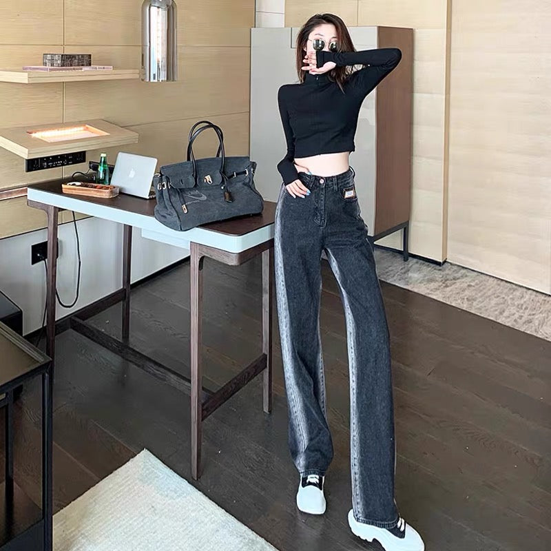 High-waisted slimming wide-leg pants for women in autumn new style personalized washed gradient jeans straight leg slimming casual trousers trend (B2812)