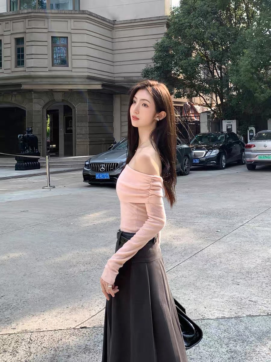 MULVAN high-end one-shoulder sweater for women 2023 new autumn and winter outer wear slim-fitting off-shoulder collarbone top