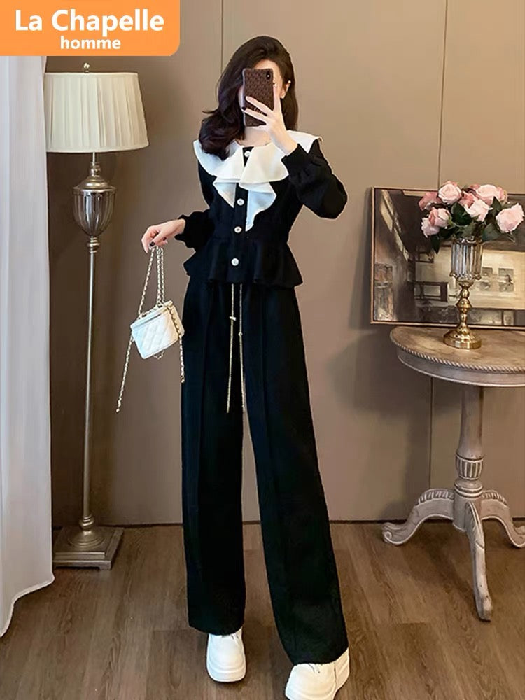 La Chapelle French Casual Sports Suit Women's Autumn 2023 New Fashion Design Ruffled Two-piece Set