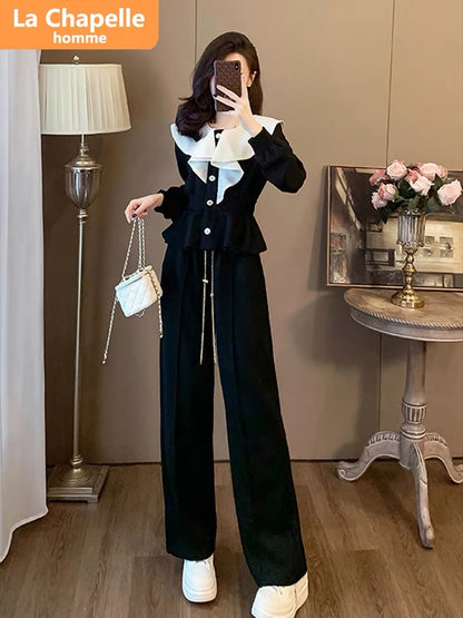 La Chapelle French Casual Sports Suit Women's Autumn 2023 New Fashion Design Ruffled Two-piece Set