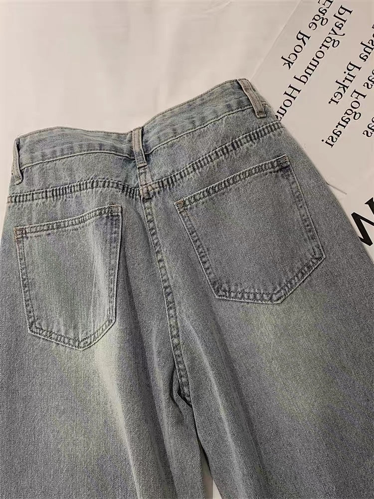 Korean version of high-level design sense heavy industry printing wide-leg jeans for men and women summer street loose retro straight pants