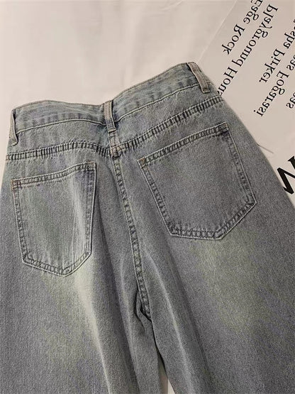 Korean version of high-level design sense heavy industry printing wide-leg jeans for men and women summer street loose retro straight pants