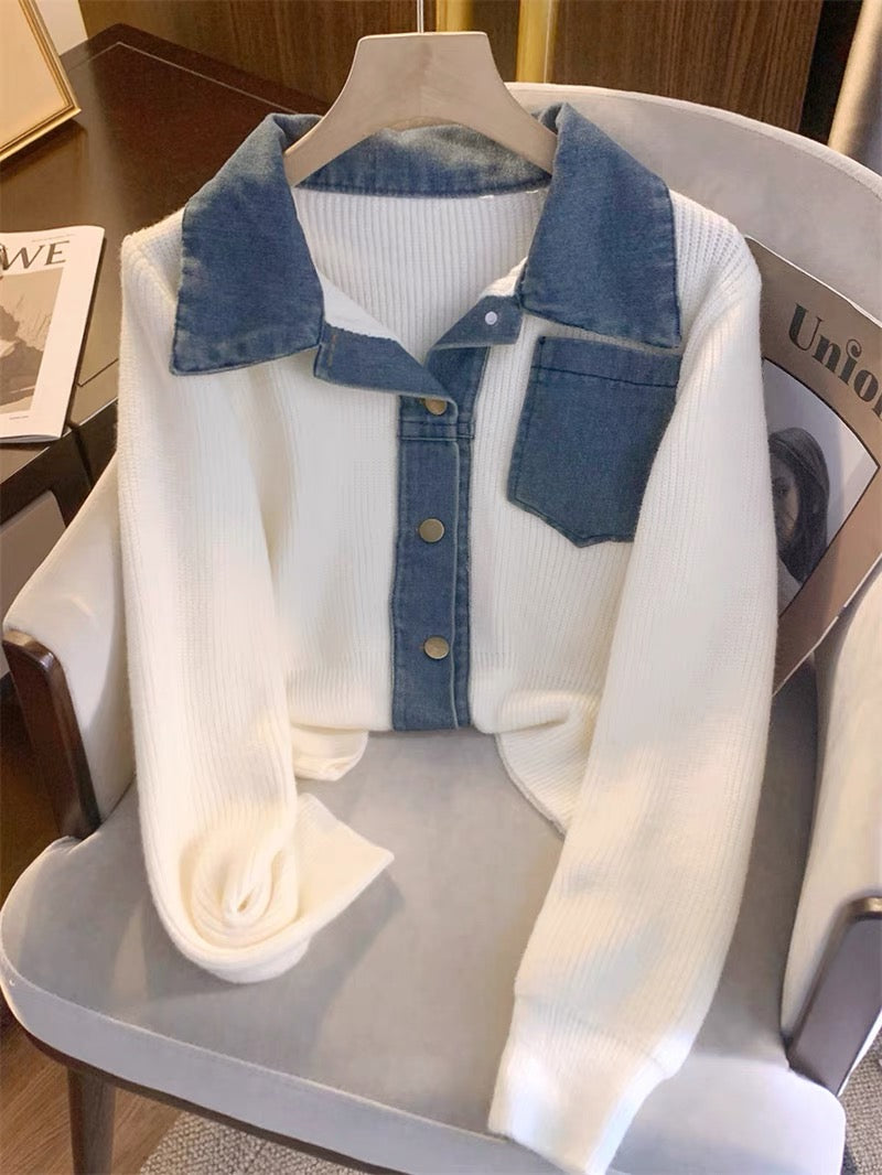 Autumn Knitwear Women's 2023 New Casual Slim POLO Collar Spliced Cardigan Fashionable and Versatile Outerwear Tops for Women V1131