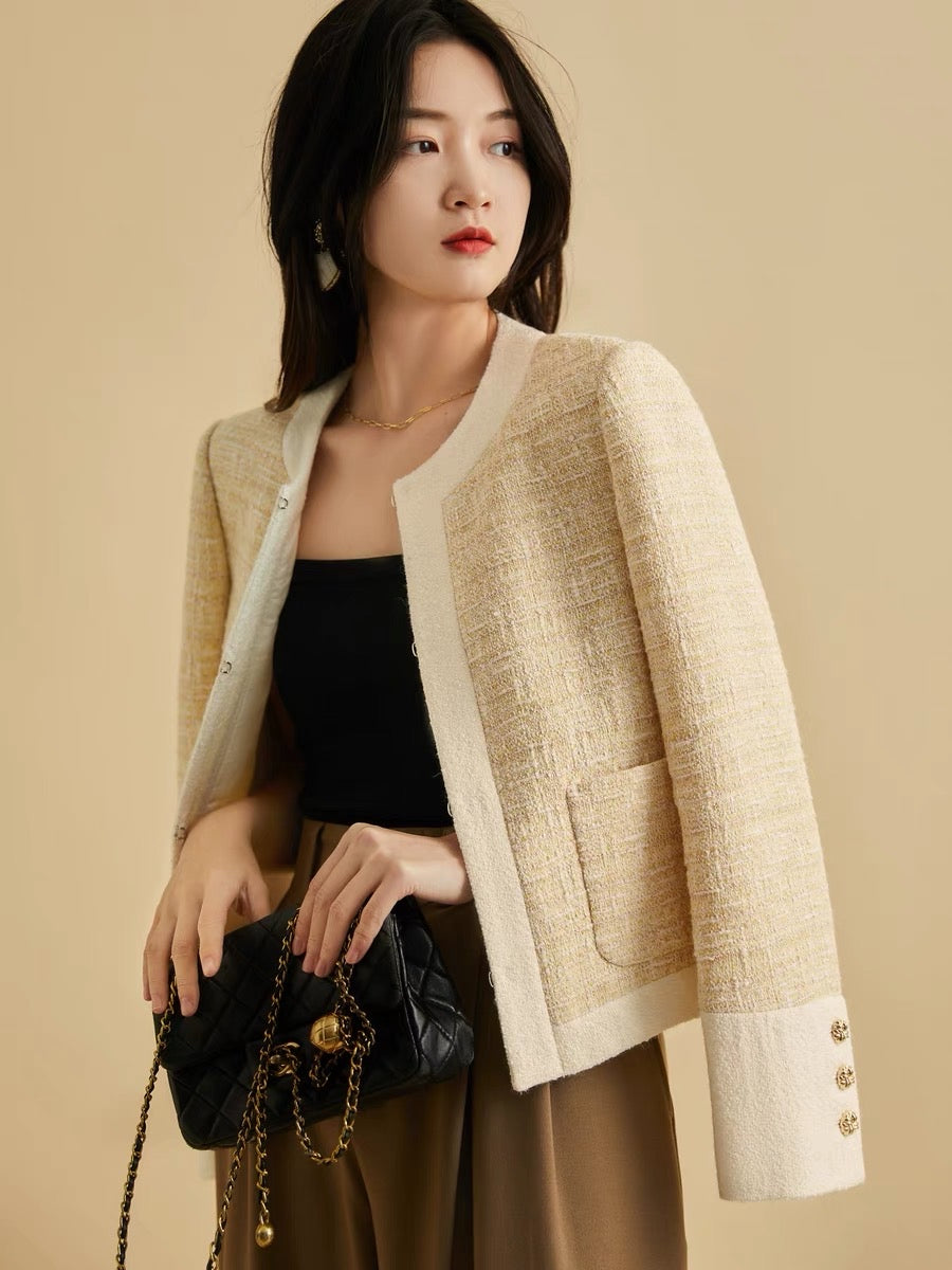 [WTF662636AG] Xiaohan Lemon Tea French Round Neck Tweed Wool Short Fragrance Jacket