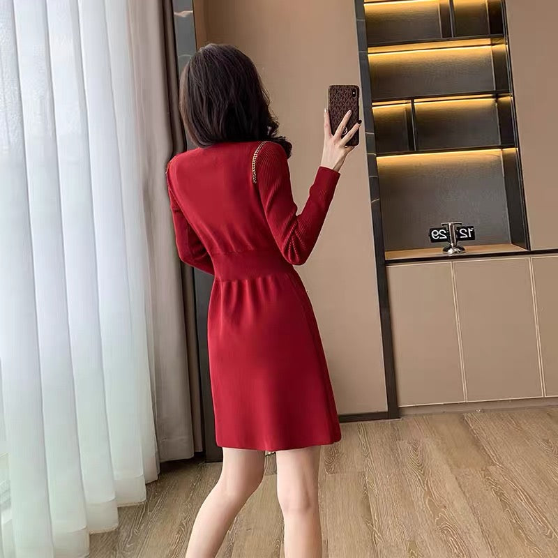 Xiaoxiangfeng red dress 2023 new winter women's high-end inner wear temperament slim knitted skirt for women
