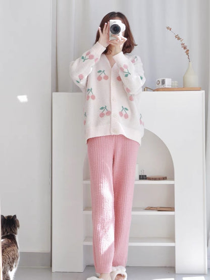 Beautiful things of the season~shui women's autumn and winter cherry cardigan coral velvet winter thickened velvet suit (B4911)