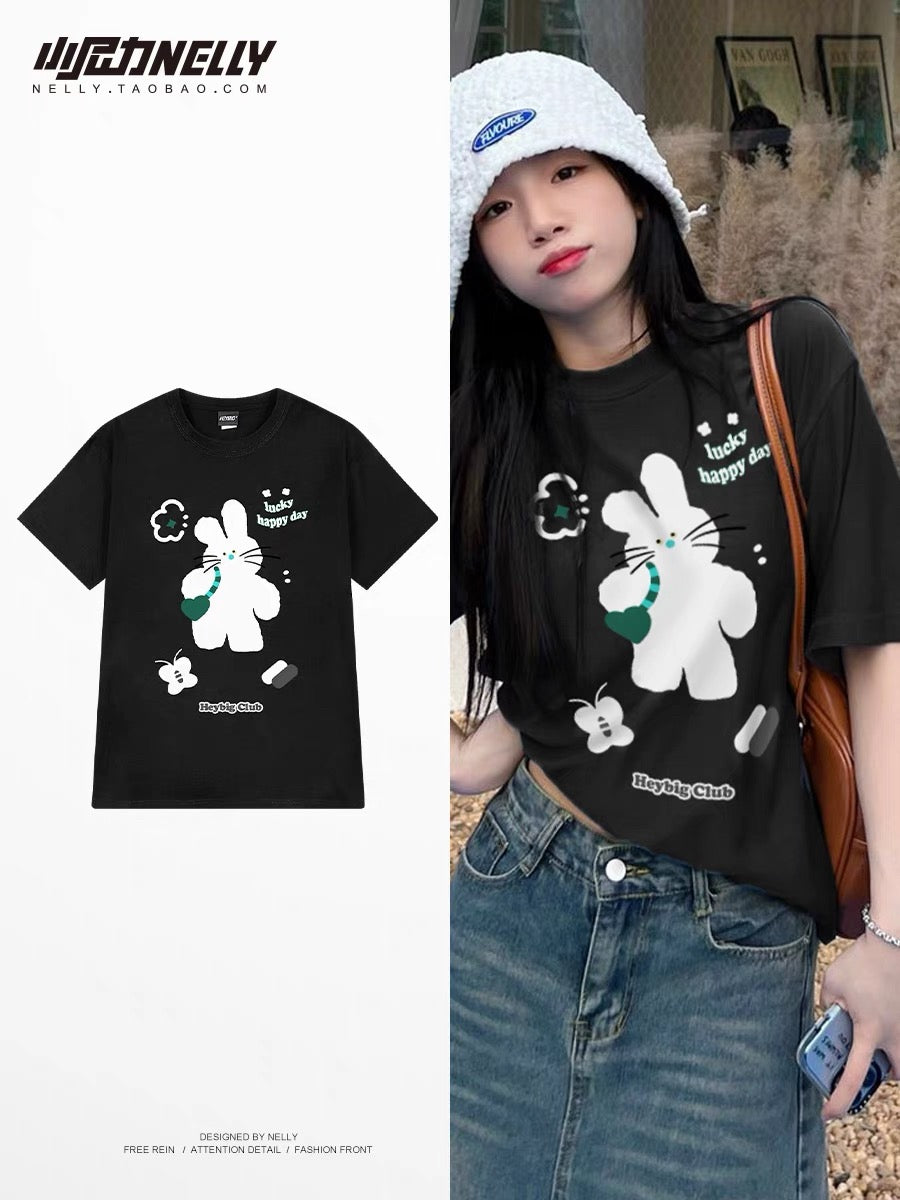 Short-sleeved T-shirts for men and women summer 2024 new trend cat print American retro high street half-sleeve loose ins trend