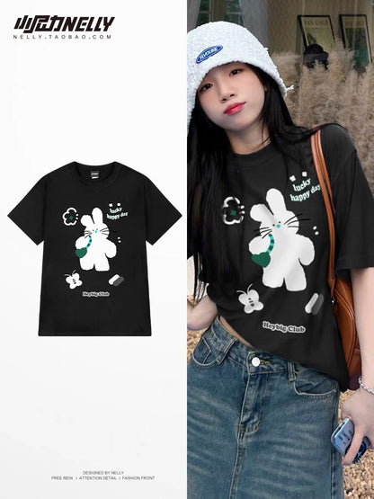 Short-sleeved T-shirts for men and women summer 2024 new trend cat print American retro high street half-sleeve loose ins trend