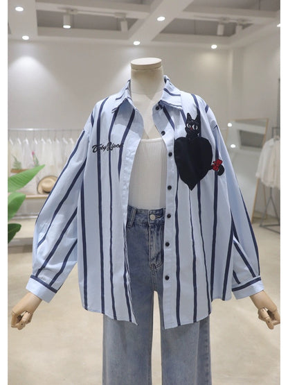 Korean style personalized love kitten embroidery 2024 spring and summer loose slim cotton striped long-sleeved casual shirt for women