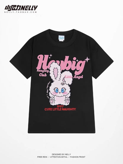 ins loose thin round neck top summer rabbit print shoulder oversize men's and women's T-shirt half-sleeved sleeves