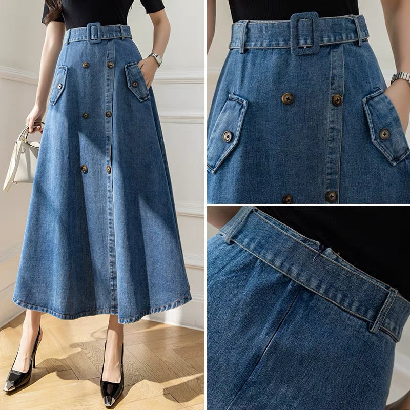 High-waist slit denim skirt for fall and winter with niche design, hip-hugging umbrella skirt, mid-length A-line skirt that reaches the ankle