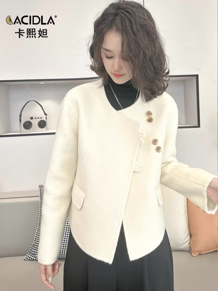 Short double-sided cashmere women's coat autumn and winter fashionable round neck slim retro buttoned woolen coat jacket top