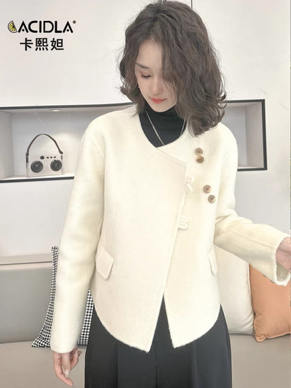 Short double-sided cashmere women's coat autumn and winter fashionable round neck slim retro buttoned woolen coat jacket top