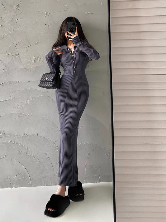 YoungGirlDay Pure Sexy Sexy Slim Lapel Long Sleeve Knitted Buttocks Fishtail Dress Long Skirt (B1810)