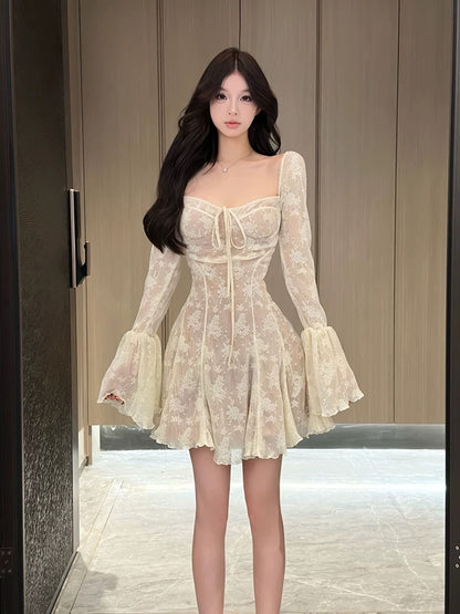 Large size French pure lust sexy lace square neck trumpet sleeve dress female autumn and winter sweet hot girl waist slimming short skirt