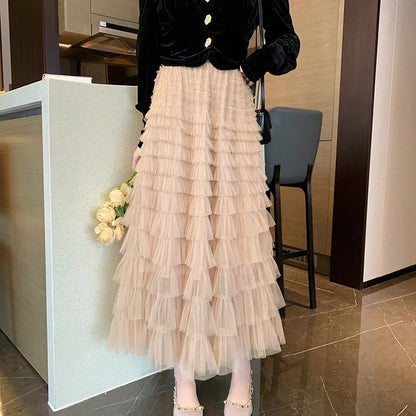French V-neck velvet top thousand-layer skirt two-piece set for women autumn and winter sweet cool mesh cake long skirt suit