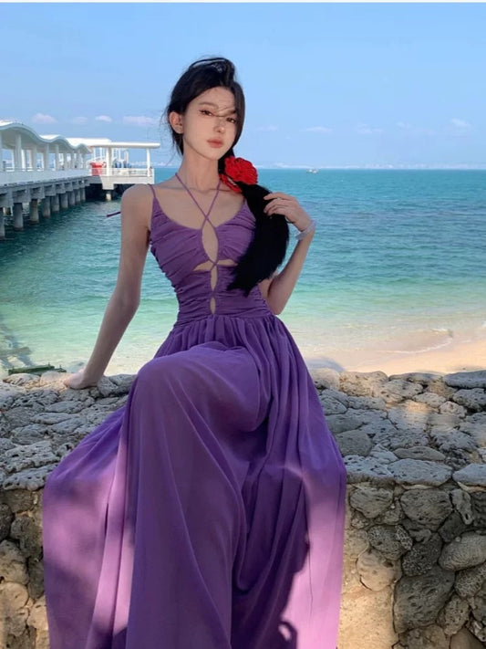 French light luxury high-end deep V purple chiffon suspender dress female summer seaside holiday style sexy long dress