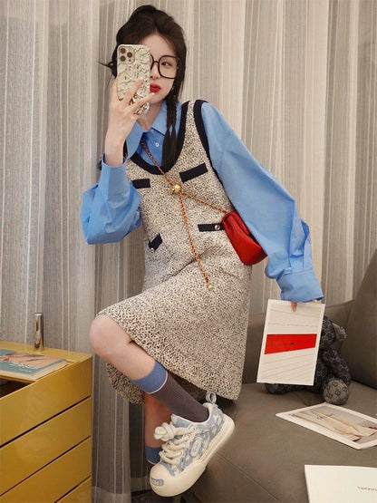 Dopamine autumn wear sweet shirt top small fragrance vest dress two-piece suit female lively age reduction