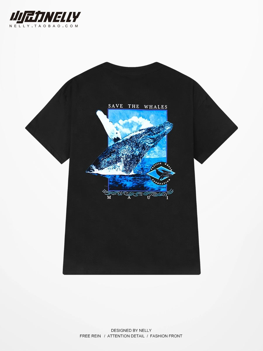 Heavy cotton short-sleeved T-shirt loose design blue whale print men and women summer trendy high street couple short sleeves