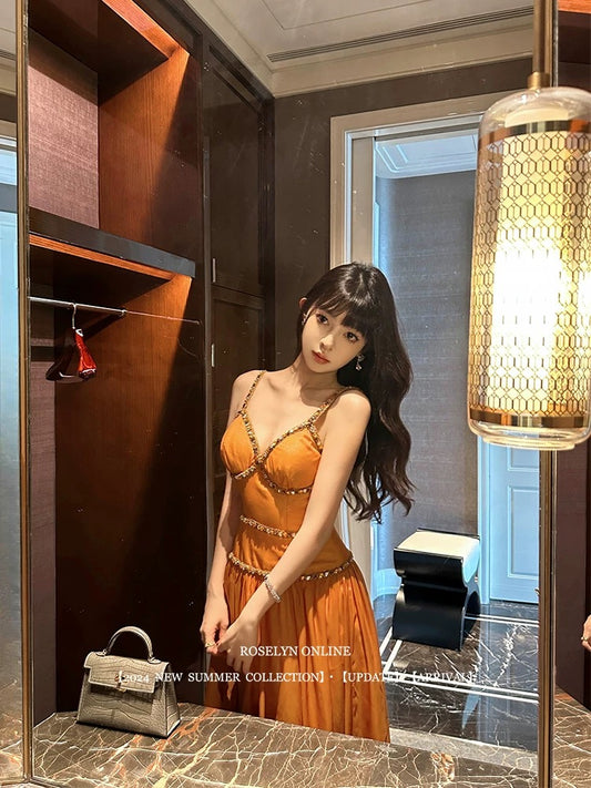 Roselyn heavy-duty orange nail diamond large swing tulle skirt female temperament white waist slimming suspender dress