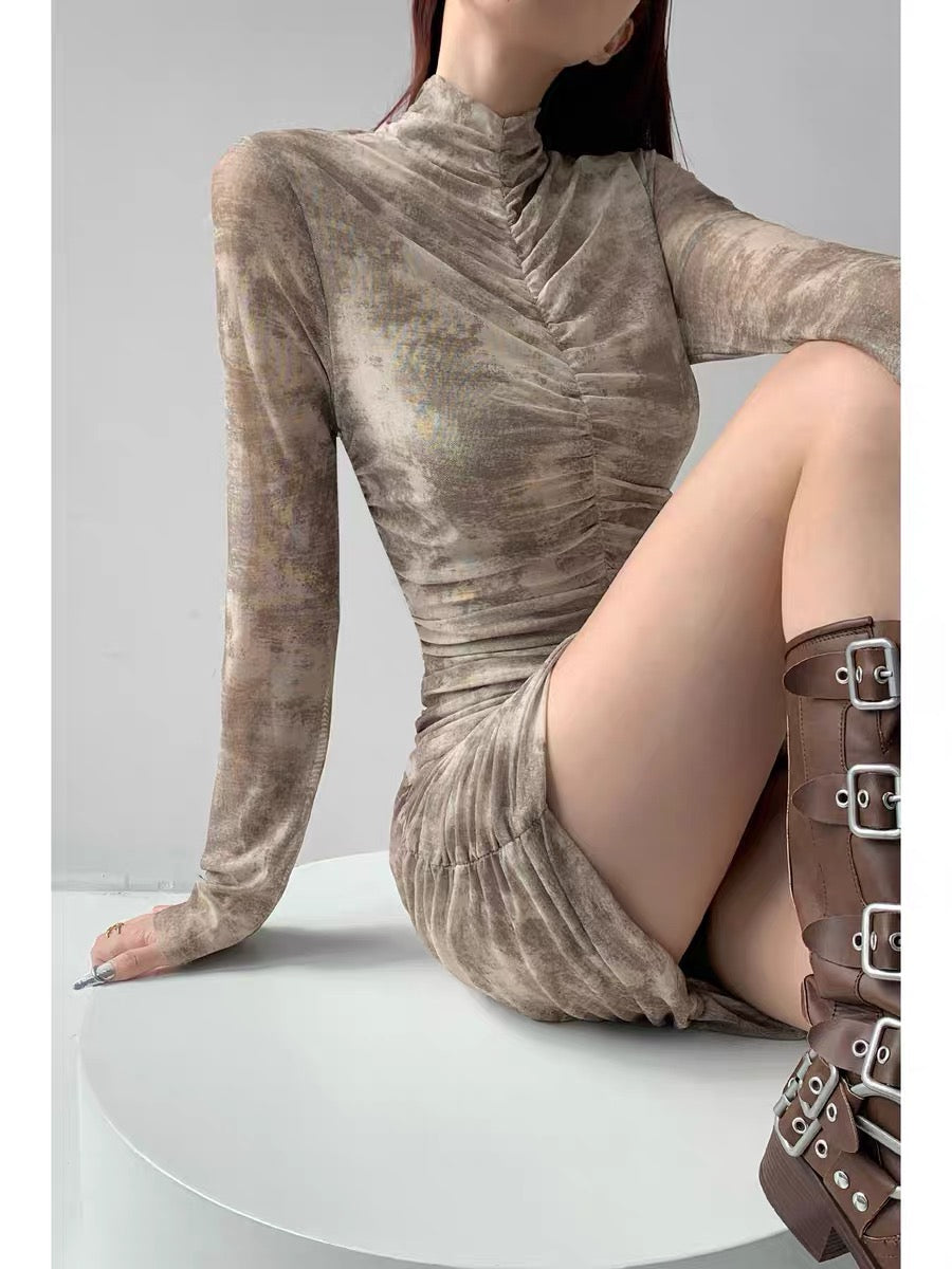 New York Model Student Pure Desire Pleated Waist Covering Dress Women's Autumn and Winter Slim Half-Turtle Collar Hot Girl Short Skirt (S0814)