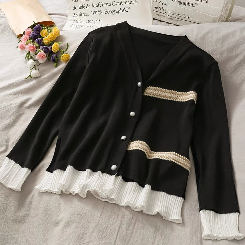 Fashion suit for women, new style, contrasting color splicing, single-breasted long-sleeved knitted sweater, high-waisted wide-leg pants for autumn