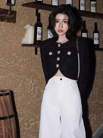 New clothes for early spring 2024! French style high-end black gold thin coat skirt suit for women S174