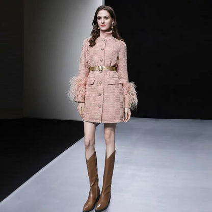 2023 winter new fashion temperament heavy industry beaded ostrich feather down lining tweed down jacket