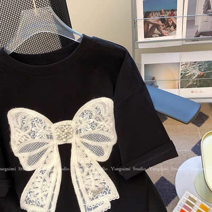 Bow black short-sleeved T-shirt for women 2023 new summer trendy casual loose versatile design niche