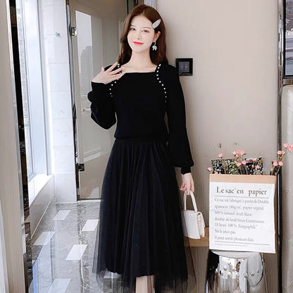 lolita with coat knitted dress women's autumn and winter new temperament goddess style sweater mesh skirt two-piece set