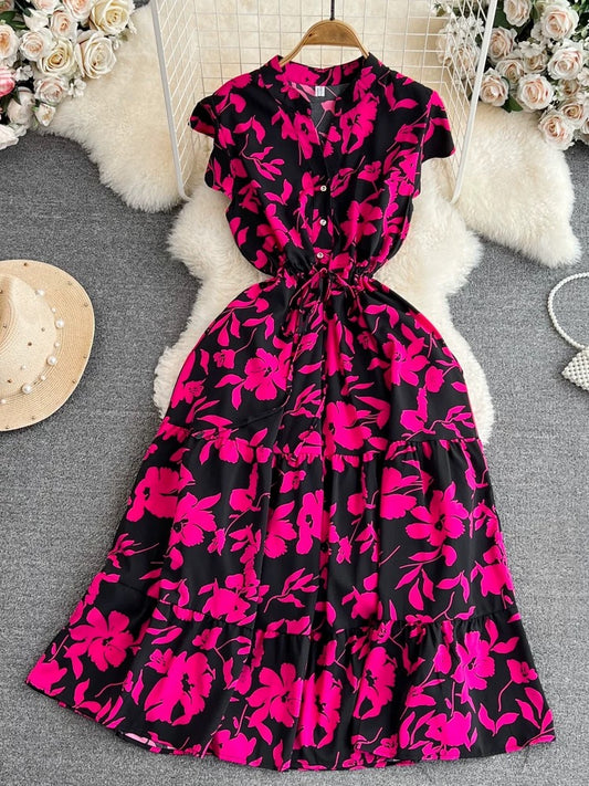 High-grade light luxury temperament flying sleeves V-neck waist slimming A-line ruffled print dress elegant long skirt