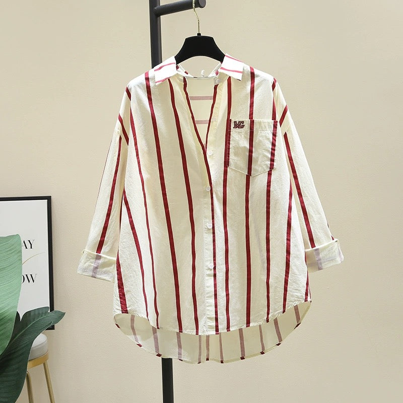 Age-reducing green striped shirt for women 2024 spring and autumn new Korean loose casual long-sleeved shirt sunscreen top