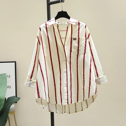 Age-reducing green striped shirt for women 2024 spring and autumn new Korean loose casual long-sleeved shirt sunscreen top