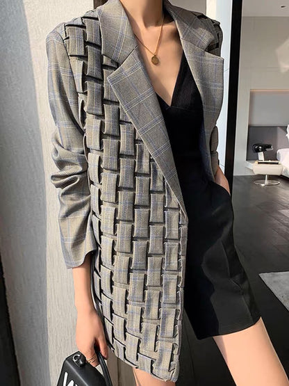 High-end heavy-duty design fashionable three-dimensional plaid gray mid-length suit spring and autumn new socialite workplace top