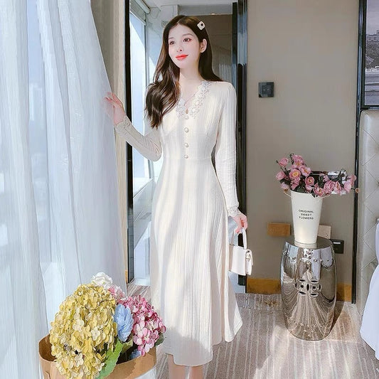 lolita early autumn knitted v-neck dress women's 2022 new high-end temperament small skirt