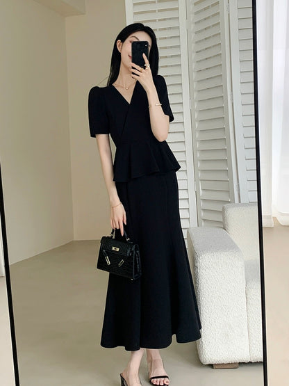 FT GUOGE black dress female 2024 summer new fake two-piece temperament slim V-neck long skirt