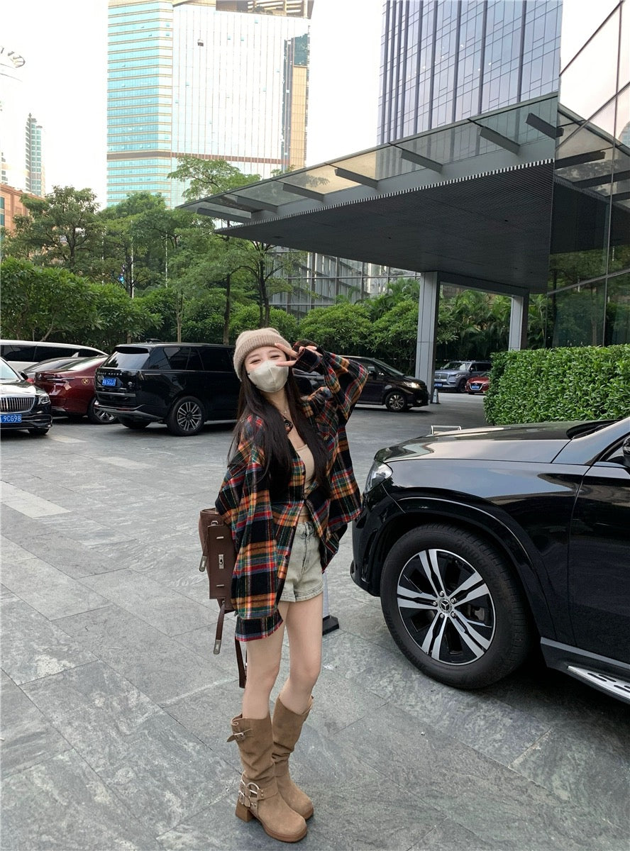 PPHOME sweet cool black clever ~ Japanese retro oversize loose plaid long-sleeved shirt women's mid-length jacket