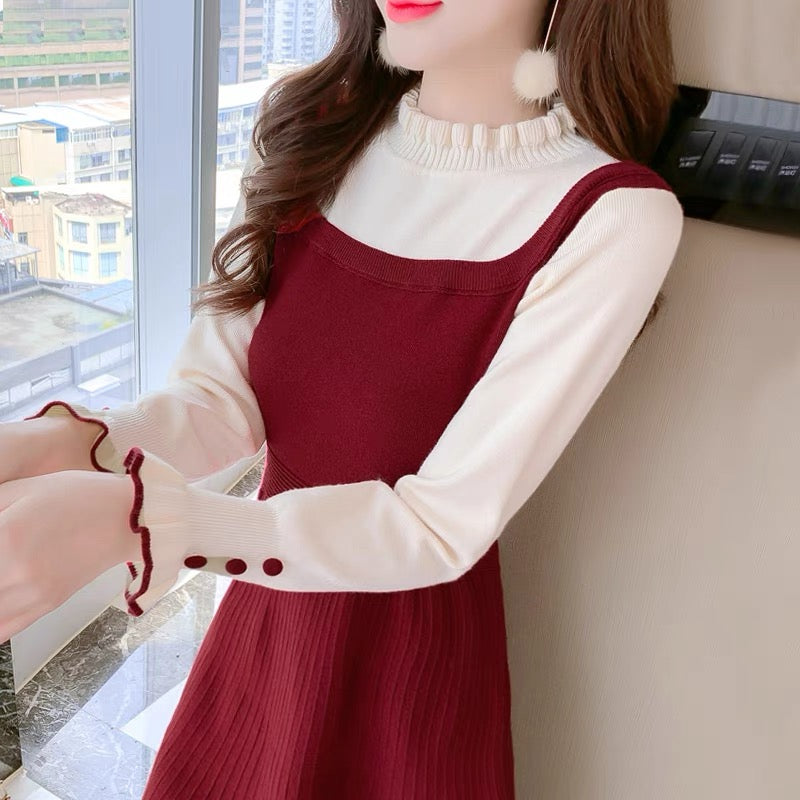lolita with coat knitted sweater dress women's autumn and winter 2023 new slimming fake two-piece bottoming skirt