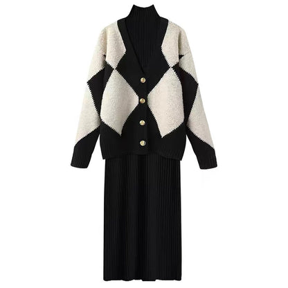 Xiaoxiangfeng thickened rhombus V-neck soft waxy sweater jacket for women 2023 autumn and winter temperament knitted dress two-piece set (S0346)