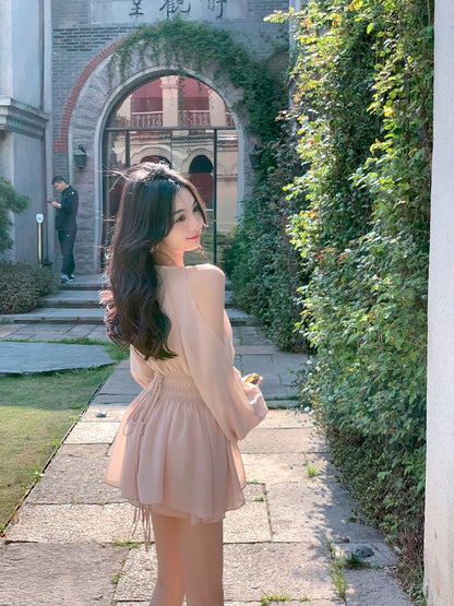 ByYou summer design off-shoulder puff sleeve waist mid-length chiffon shirt set women's high-waisted shorts two-piece set