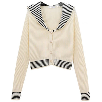 Design niche knitted cardigan jacket for women autumn and winter 2023 new striped navy collar short long-sleeved top trendy A2230